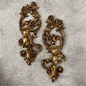 Vintage 1971 Homco Gold Ornate Wall Sconces Candle Holders Hollywood #4118